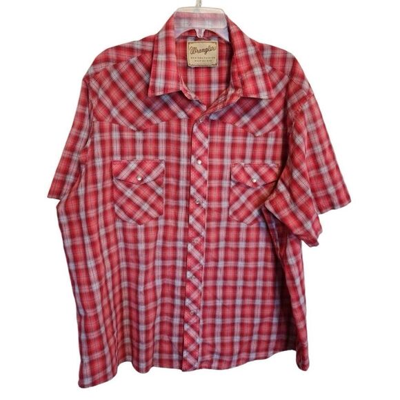 Wrangler- Mens 2XL Red Plaid Short Sleeve Pearl Snap Western Casual Shirt - Picture 7 of 7